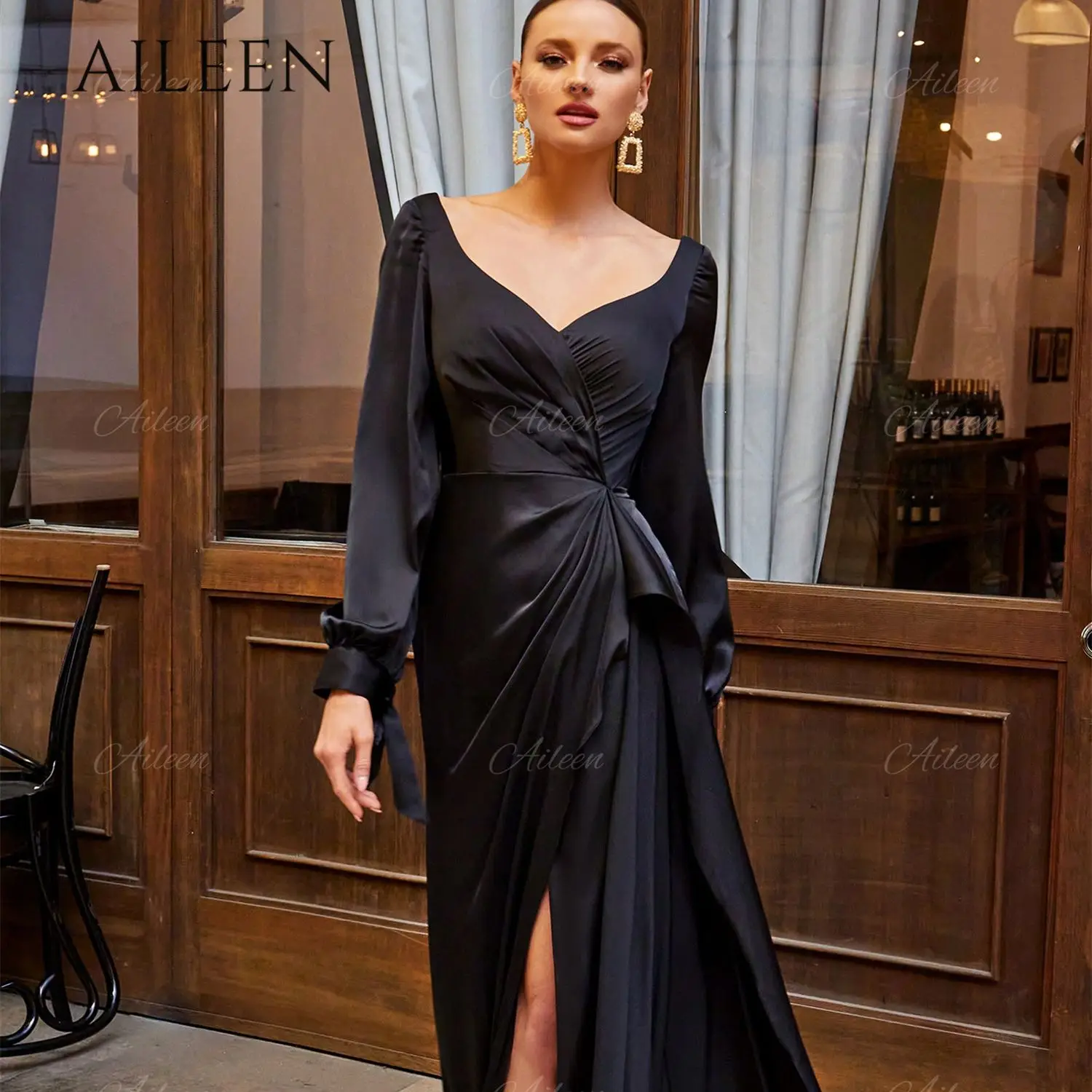 

Aileen Grace Formal Dresses for Day and Night Party Dress Women Elegant Luxury Long Sleeve Prom Dress 2023 Satin V-neck Black