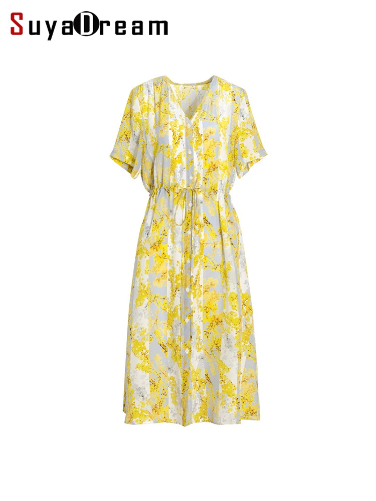 

SuyaDream Woman Midi Dress 100%Silk Crepe De Chine Floral Printed V Neck Sashes Shirt Dress 2022 Spring Summer Clothes Yellow