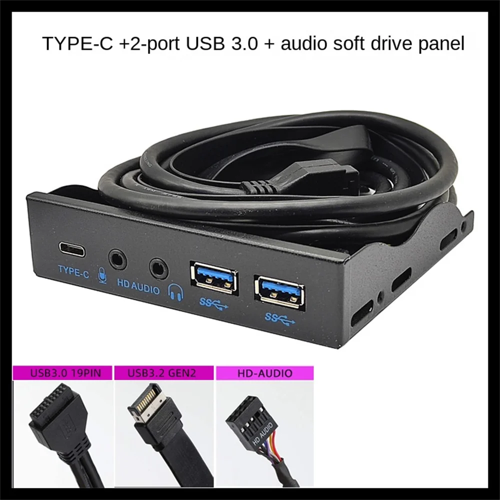 

3.0 Front Panel for PC USB 3.1 Type C + 2x USB3.0 + 2x USB2.0 Hub + HD Audio 3.5mm + Earphone MIC for 5.25" CD-ROM Drive Bay