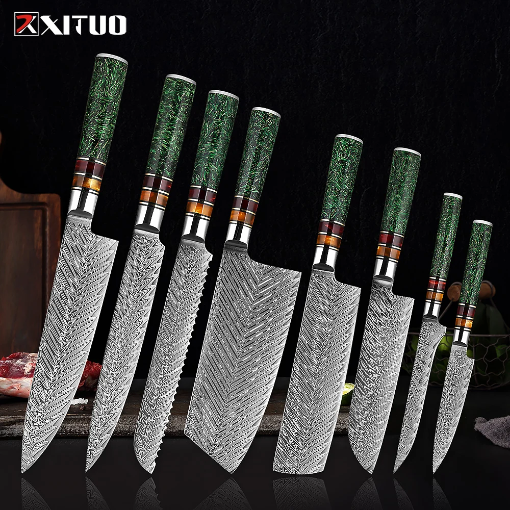 

XITUO Luxury Damascus Kitchen Knife Set Japan Chef Santoku Knife Cleaver Paring Bread Knife Featured Resin Synthesis Handle