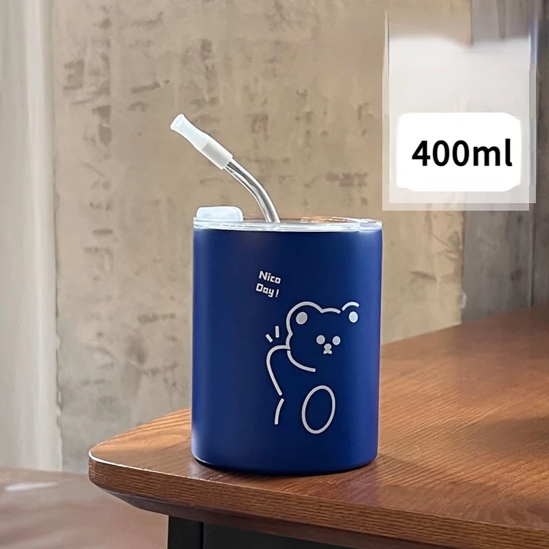 

American Style Coffee Cup Stainless Steel Water Cup With Cover Straw Portable Keep Warm Heat Insulation Home Drinking Utensils