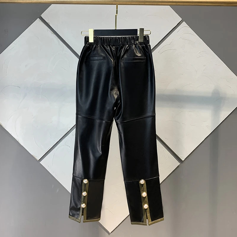 3XL 2XL Patchwork Color Genuine Sheepskin Leather Pants Female Elastic Waist Pearl Buckles Black Straight Real Leather Pants