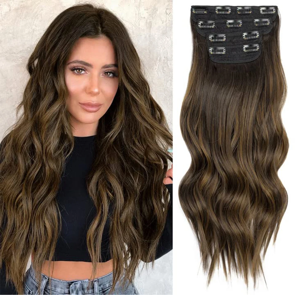 

MONIXI Synthetic Clip in Hair Extensiones Long Soft Glam Waves Thick Hairpieces Ombre Chocolate Brown to Honey Hair Extensions