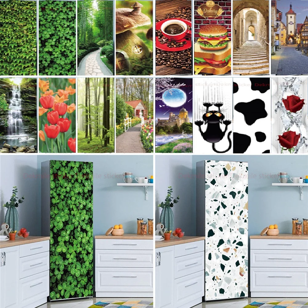 

Green plant Refrigerator Film Stickers Vinyl Cover Fridge Wrap Kitchen Murals Dishwasher Self Adhesive Wallpaper Granite Texture