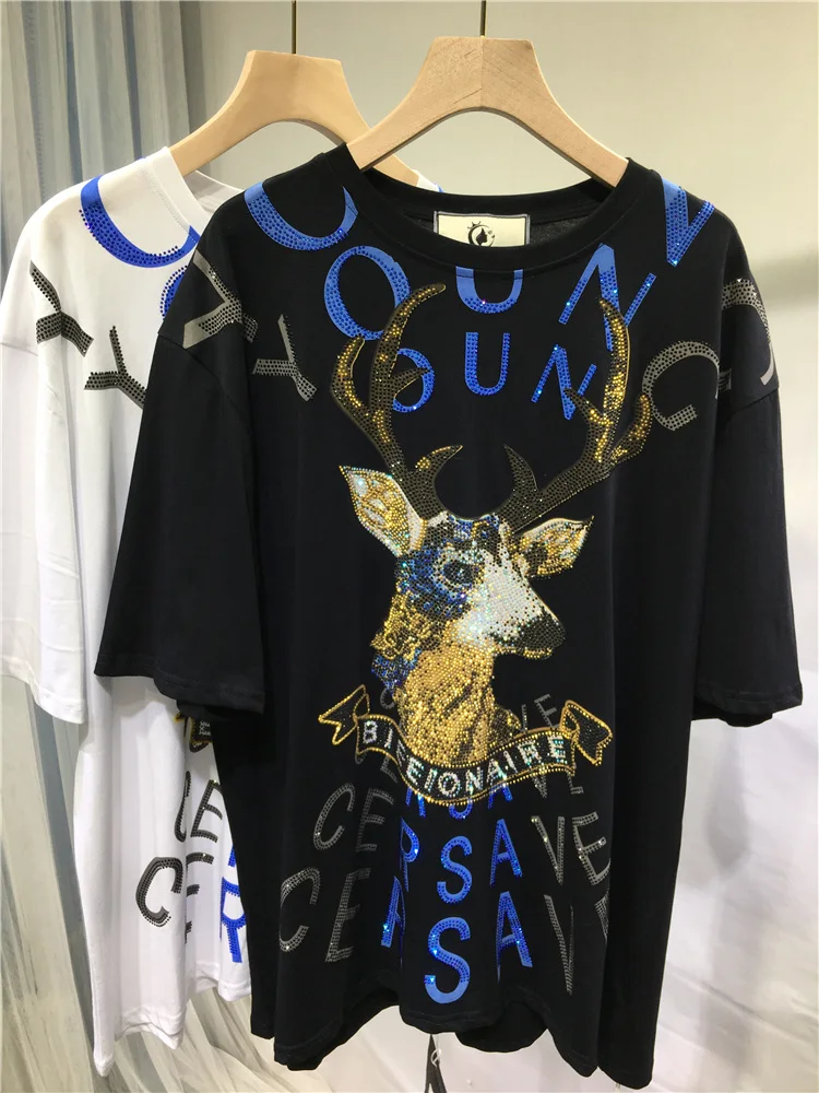 

Женская хлопковая футболка с коротким рукавом, свободная повседневная футболка в европейском стиле с надписью и принтом оленя, лето