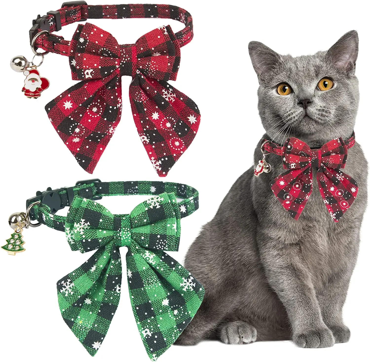 

Christmas Cat Collars with Bow, 2 Pack Snowflake Christmas Kitten Collar with Bell Removable Bowtie Cat Christmas Collar for Pet