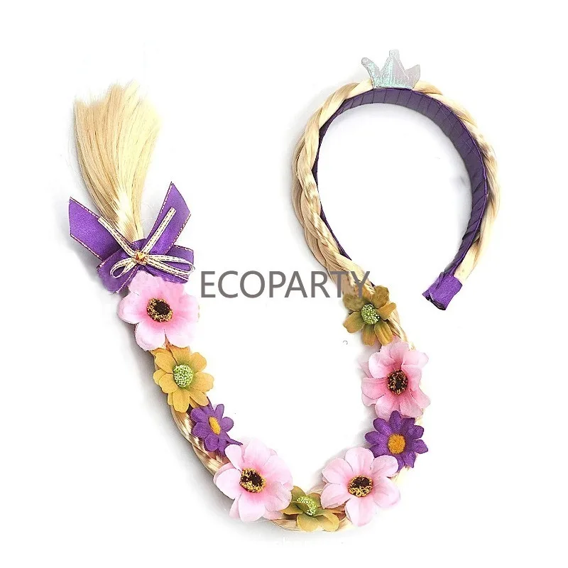 

Парики принцессы в стиле Рапунцель, Длинные плетеные искусственные украшения с цветами для девочек, аксессуары для костюмов, Рождественская повязка для волос