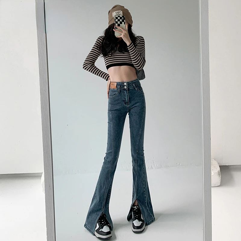 

New2022 Y2K Flare Jeans Vintage Low Waisted Trend Split Trousers Aesthetic Streetwear Casual Demin Pants Women Korean Jean 106cm
