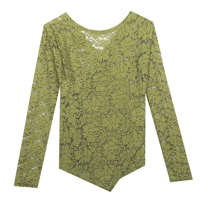 Сплошной цвет с длинным рукавом в европейском стиле сексуальный кружевной топ