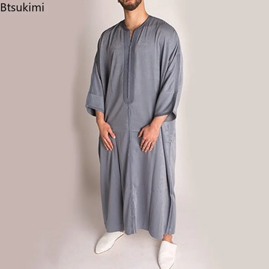 New 2023 Eid Ramadan Muslim Fashion V Neck Grey Robe Sets Abaya Men Ethnic Gown Modern Casual Loose Solid Color Islamic Clothing