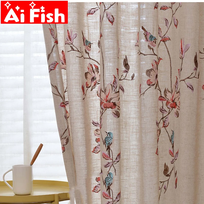 

Cotton Hemp Embroidered Flowers with Bird Design Shade Bedroom Curtains White Tulle Sheer Window Drapes For Living Room #30