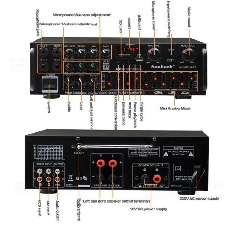 2000 Вт 12 В/220 В Bluetooth 2 0 канальный усилитель мощности автомобильный аудио с