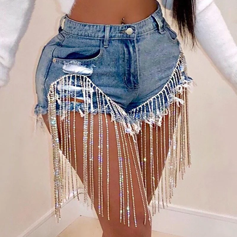 

2021 Summer Plus Size Fashion Ladies Sexy Ripped Beaded Fringe Zipper Personality Temperament Skinny Denim Shorts Women