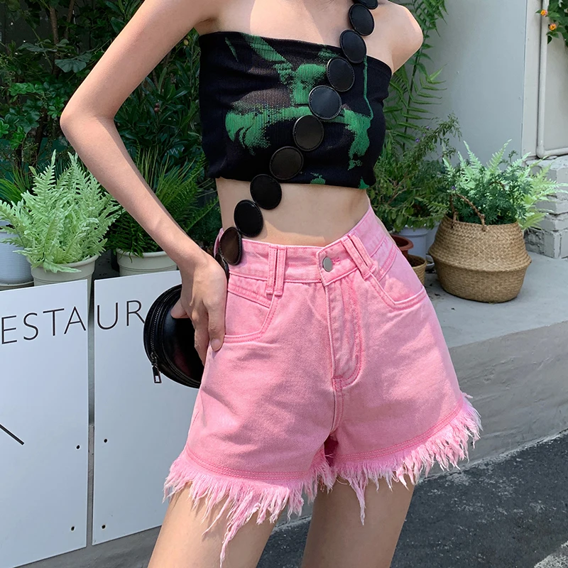 

Street Denim Shorts Women's Summer New Baggy Fashion High Waist Fringed Wide Leg Short Jeans A-line Hot Pants Girls