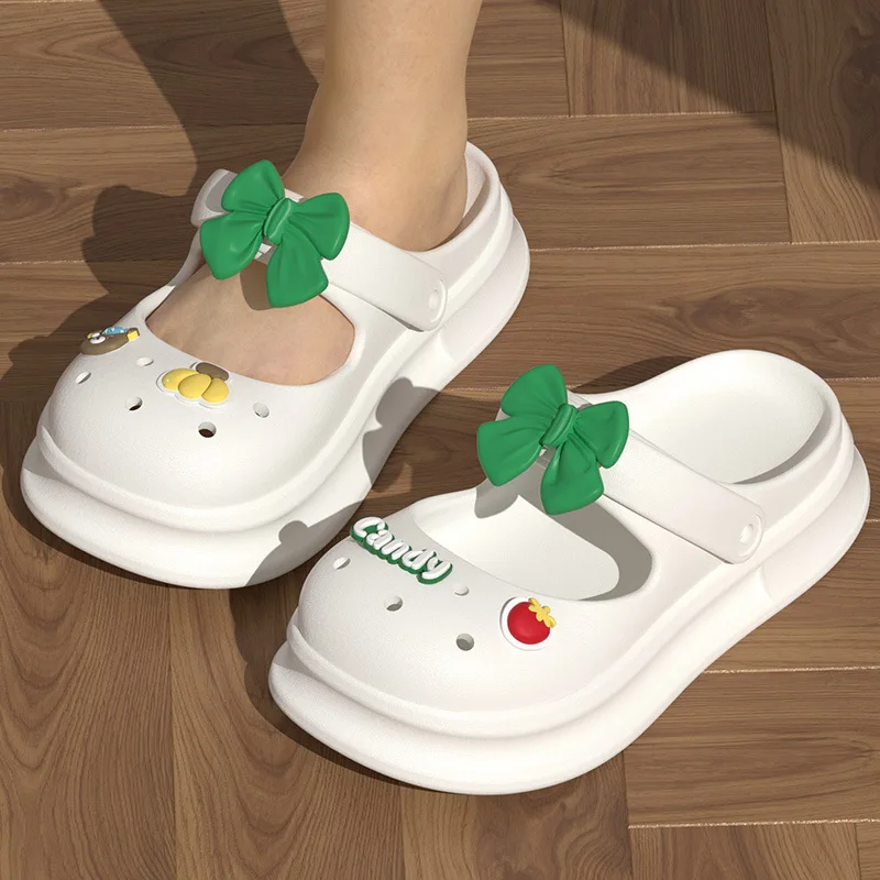2023 Girls' Bow Tie Big Head Hole Shoes Women's Summer Home Indoor Thick Sole Anti slip Students Wear Cool Slippers Outside