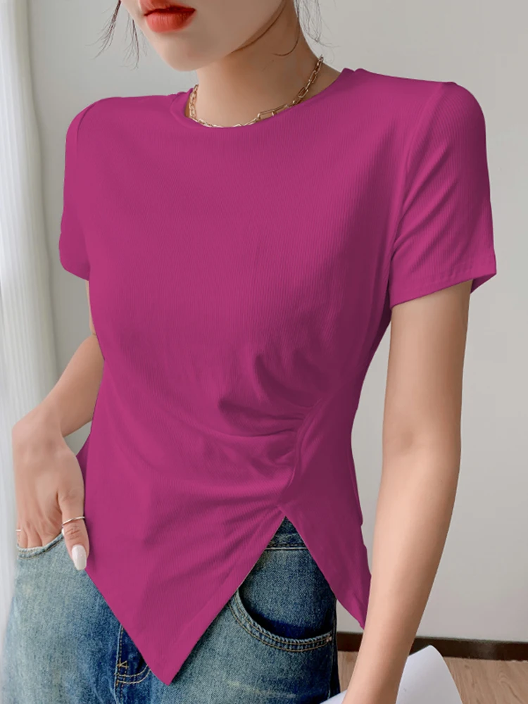 

Новинка, однотонная хлопковая футболка с коротким рукавом, женская летняя простая подходящая ко всему футболка в Корейском стиле с круглым ...
