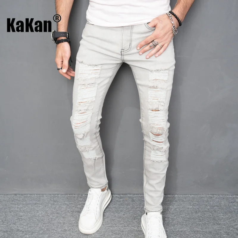 Kakan - New Style Men's Slim, Holed Jeans with Small Feet, High Street Holed Youth Casual Long Jeans K09-1998