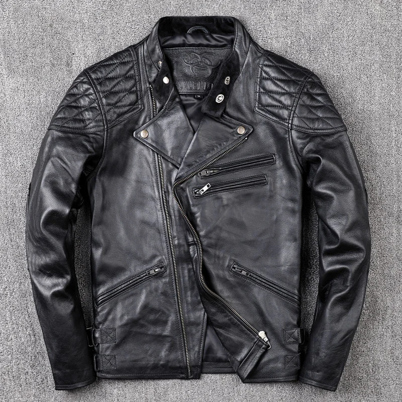 

Genuine leather men's motorcycle leather jacket skull print head layer cowhide leather men's jacket