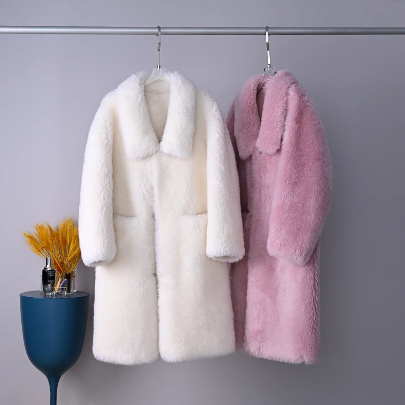 

2023 Autumn Winter Women New Long Real Wool Fur Coats Female Korean Solid Color Overcoats Ladies Genuine Fur Warm Jackets R329