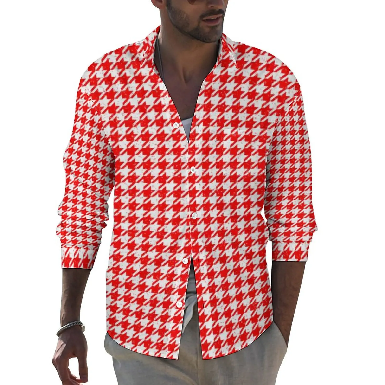 

Забавная Повседневная рубашка с рисунком «гусиные лапки», мужская рубашка с красно-белым узором, весенние Ретро Блузки, дизайнерский Топ большого размера с длинным рукавом