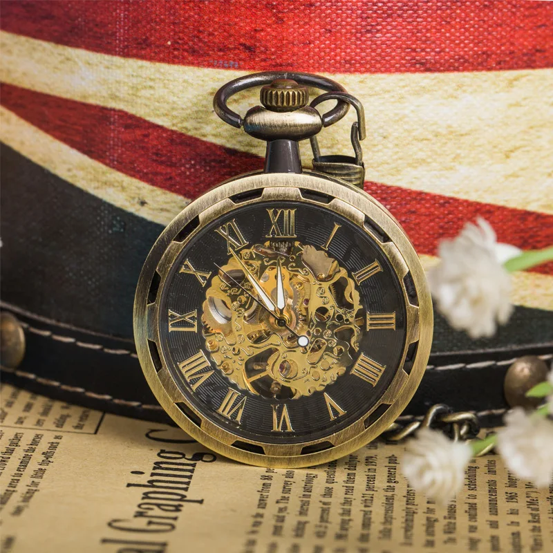Luxury Bronze Mechanical Pocket Watch for Men Women Transparent Roman Numerals Case Dial Fob Chain Pendant Clock for Collection