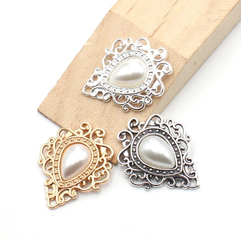 Жемчужный щит в стиле ретро из сплава, аксессуары «сделай сам», свадебная одежда, украшения для волос, декоративные аксессуары, 10 шт., 34*26 мм