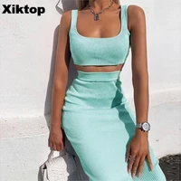 hawthaw women summer clothes soild color casual crop tank tops long pencil skirt fitness skinny outfit suit two piece 2pc sets