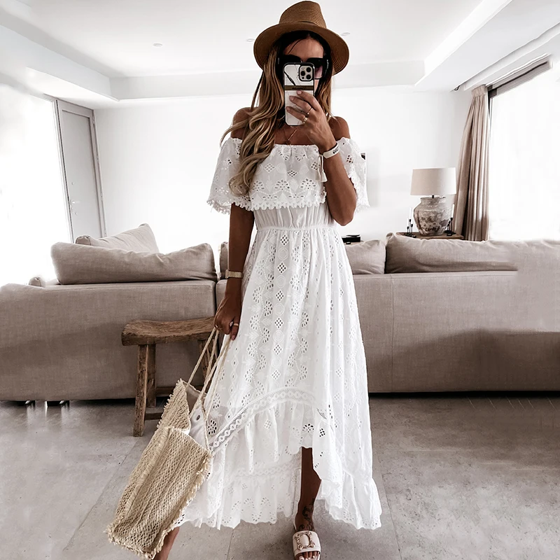 

Elegant Off Shoulder Lace White Summer Boho Dresses For Women 2022 Vintage Ruffle Short Sleeve Holiday Midi Dress Party Dress