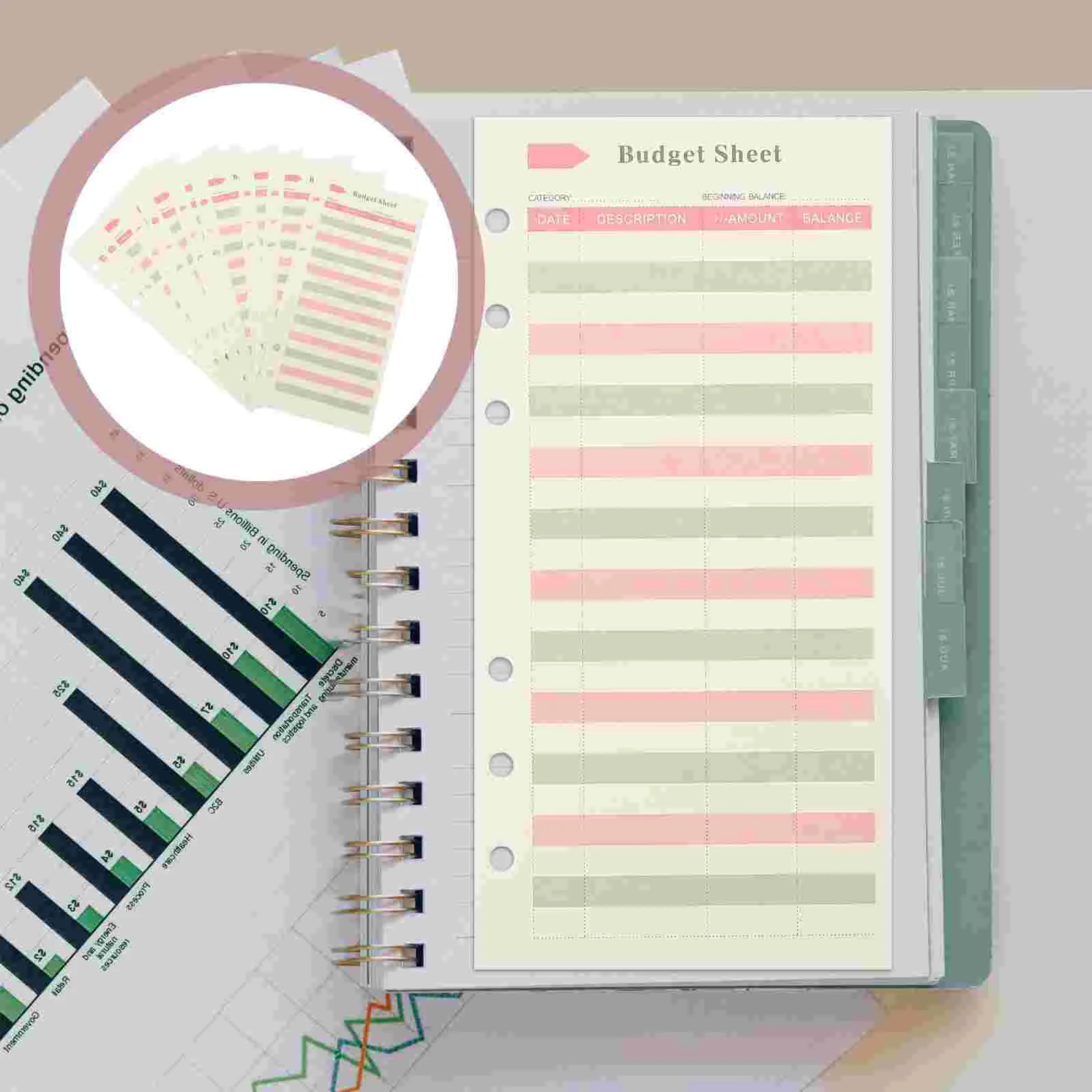 

36 Sheets Budget Table Cash Recording Cards Planner Insert Paper Money Envelope Binder Refill Supply Daily Punch Hole Inserts