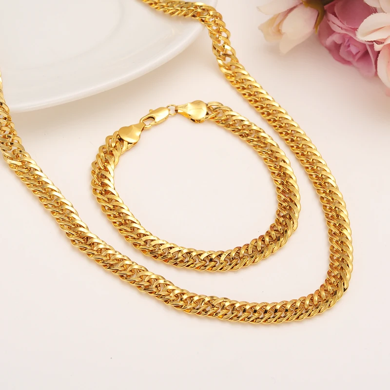 

24K Fashion Yellow Gold Filled Men's OR Women's Trendy 21CM Bracelet &60CM&50CM Necklace Set Figaro Chain Watch Link