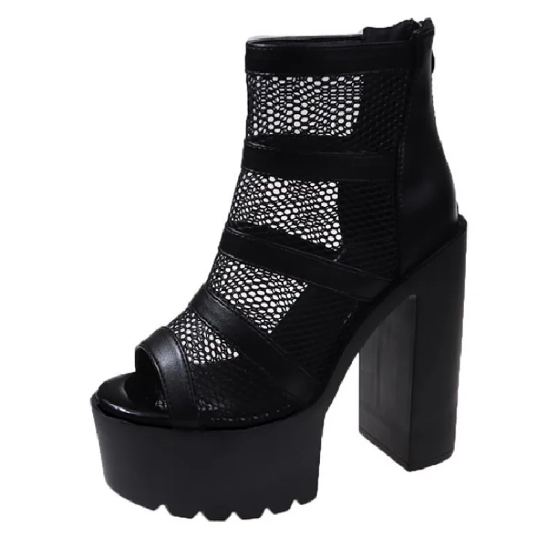 

Сандалии женские сетчатые на высоком каблуке, пикантные удобные ботинки с открытым носком, обувь для джазовых танцев, квадратный каблук, че...