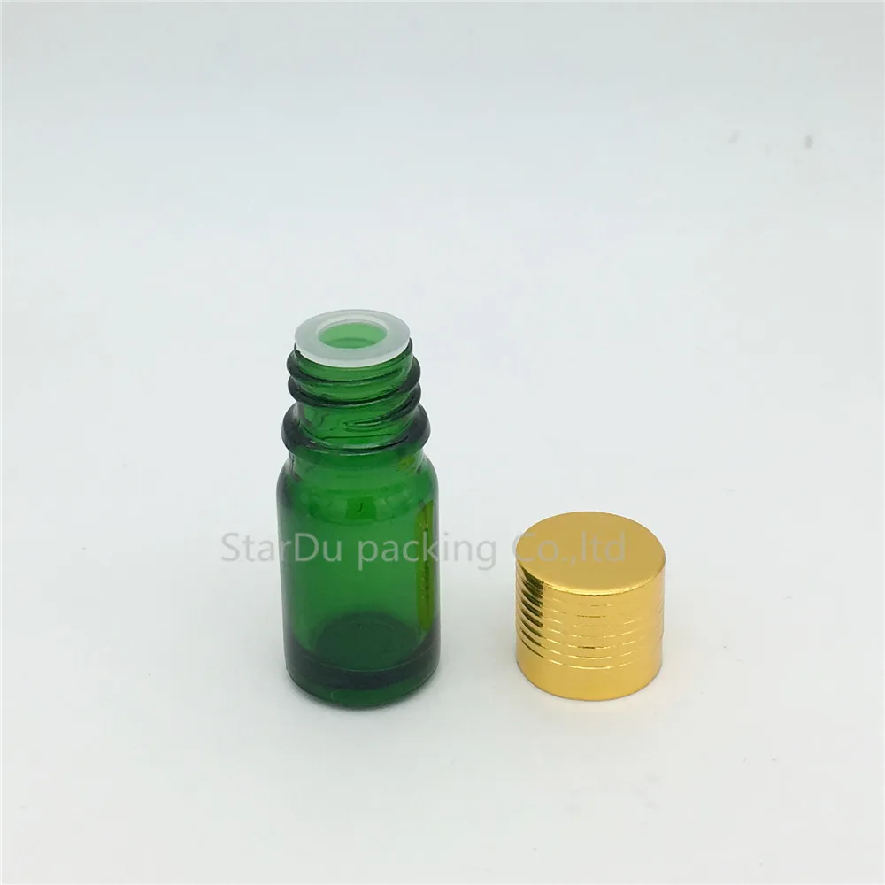 Quality 500pcs/lot 5ML Glass Bottle Vials Butelka na olejki eteryczne 5cc Butelki perfumy Złota aluminiowa nakrętka z wtyczką