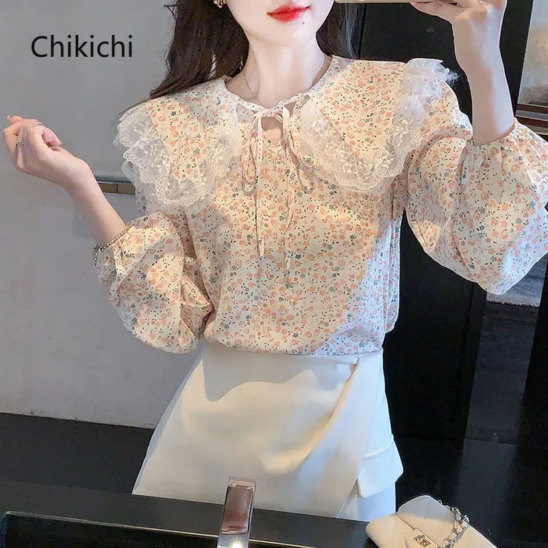 Chikichi Clothing Female Floral Chiffon Shirt Women's Spring 2023 Butterfly Knot Lace-up Shirt Lantern Sleeve Chic Women Tops