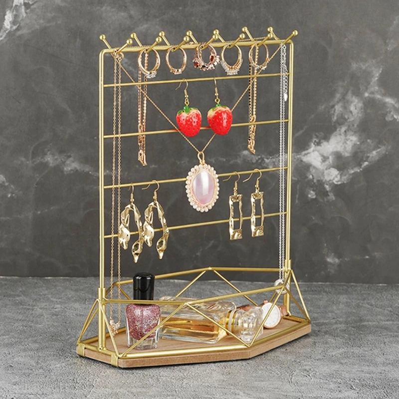 Table Hanging Jewelry Organizer Jewelry Stand Holder Display Stand with Jewelry Tray Base Gold Metal Frame Rack Holder