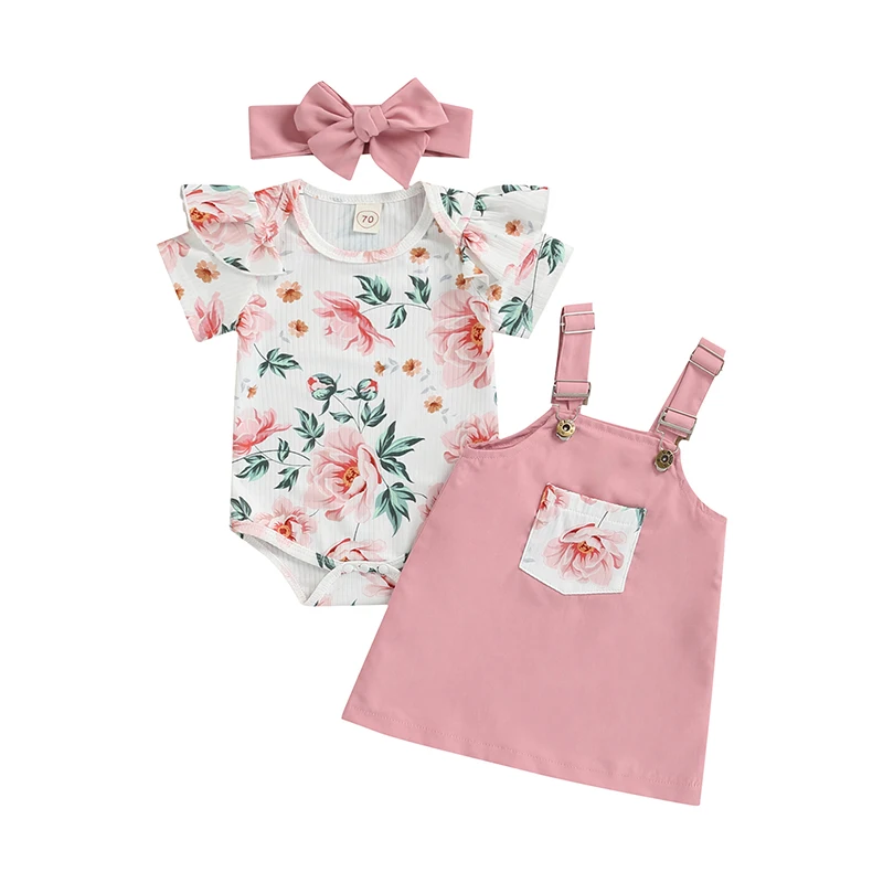

3 Pcs Newborn Casual Outfits, Baby Girls Floral Fly Sleeve Round Neck Romper + Suspender Skirt + Solid Color Headband