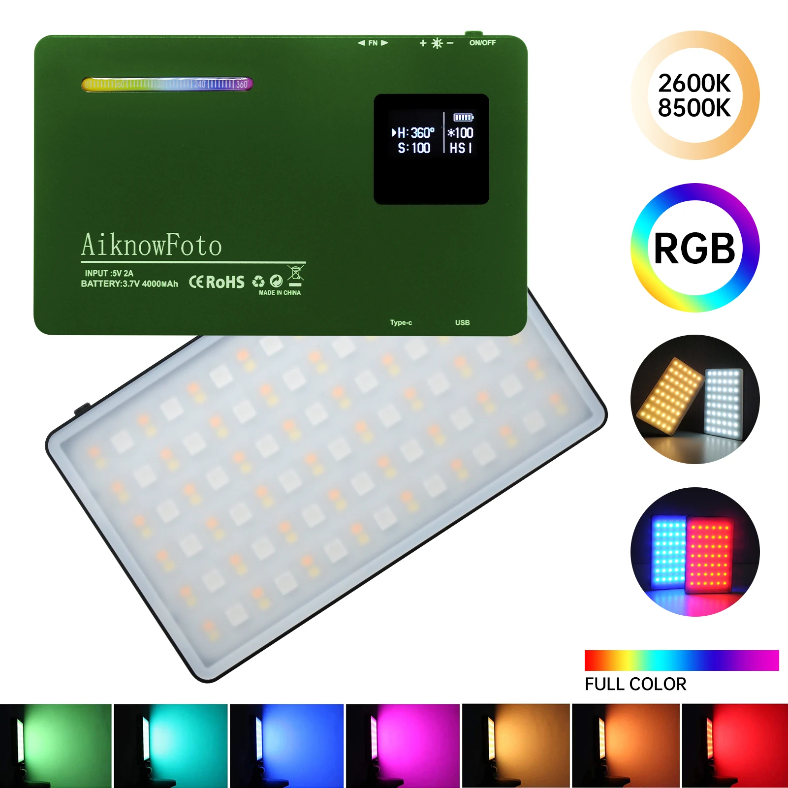 

RGB Led Video Light CRI 96 360° Full Color 10 Lighting Effect 2600-8500K Adjustable 1-100% Stepless Dimming for Camera Photograp