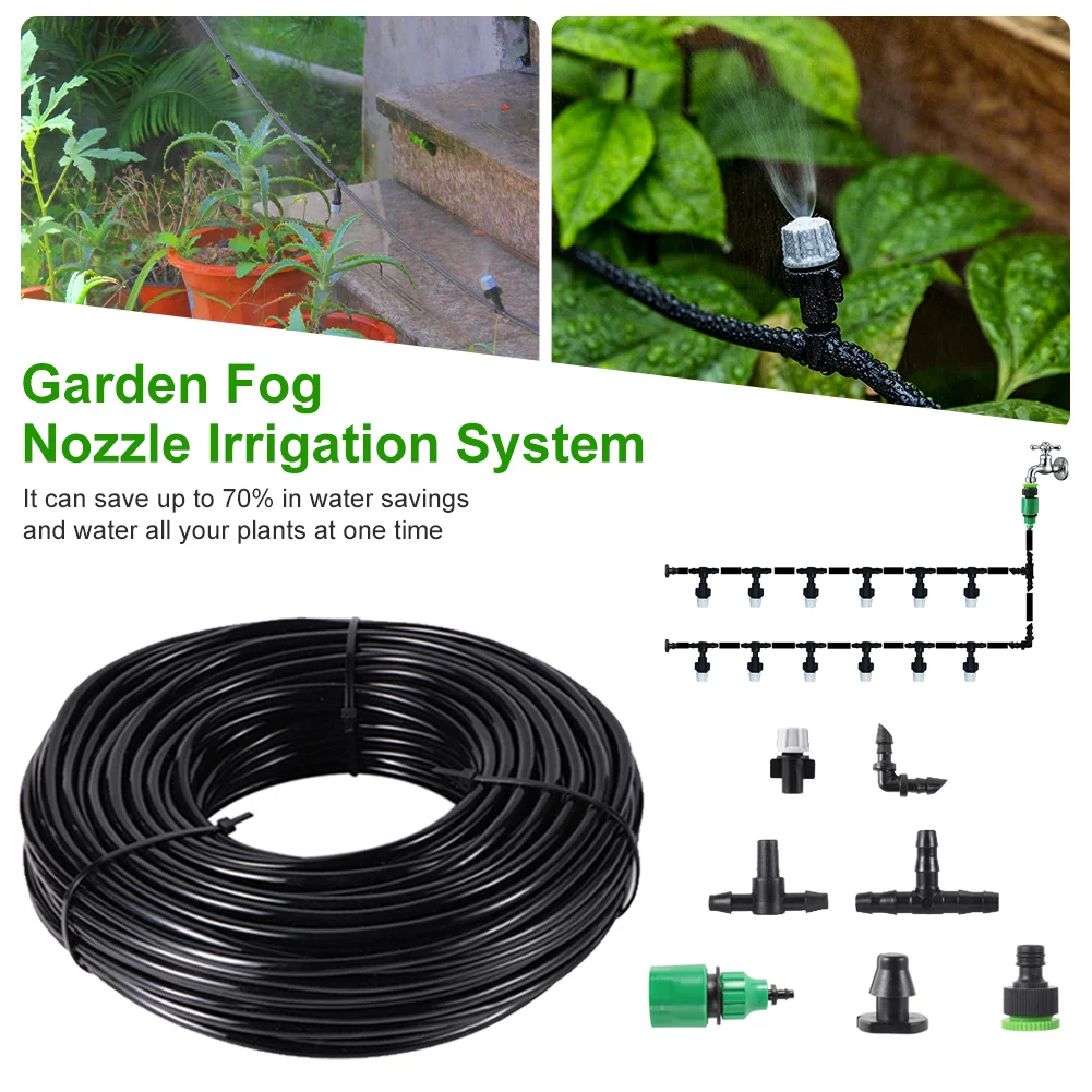Garden Fog Nozzle Irrigation System Misting Automatic Watering Kit 5-20m Garden Hose Spray Head Kit for Plant Lawn Patio