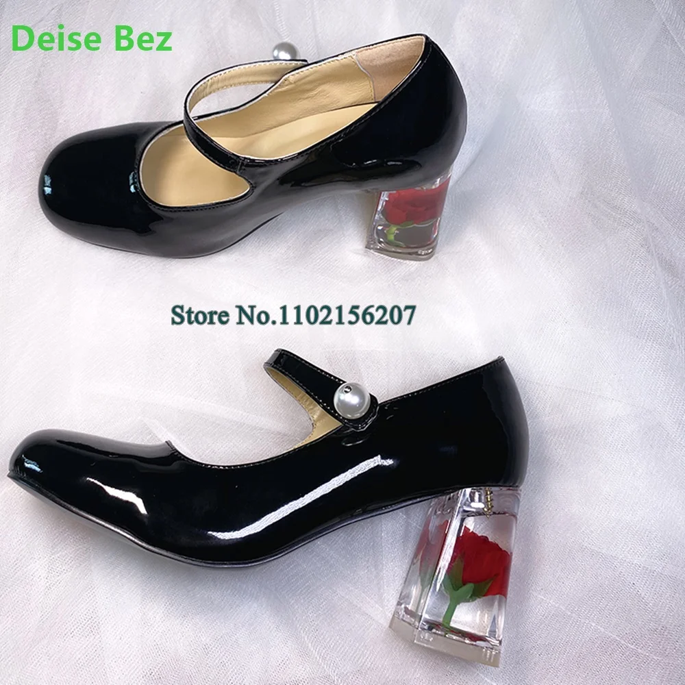 Transparent Red Rose Flower Square Heel Pumps For Female Women Round Toe Patent Leather Ankle Strap Elegant Solid Shallow Shoes