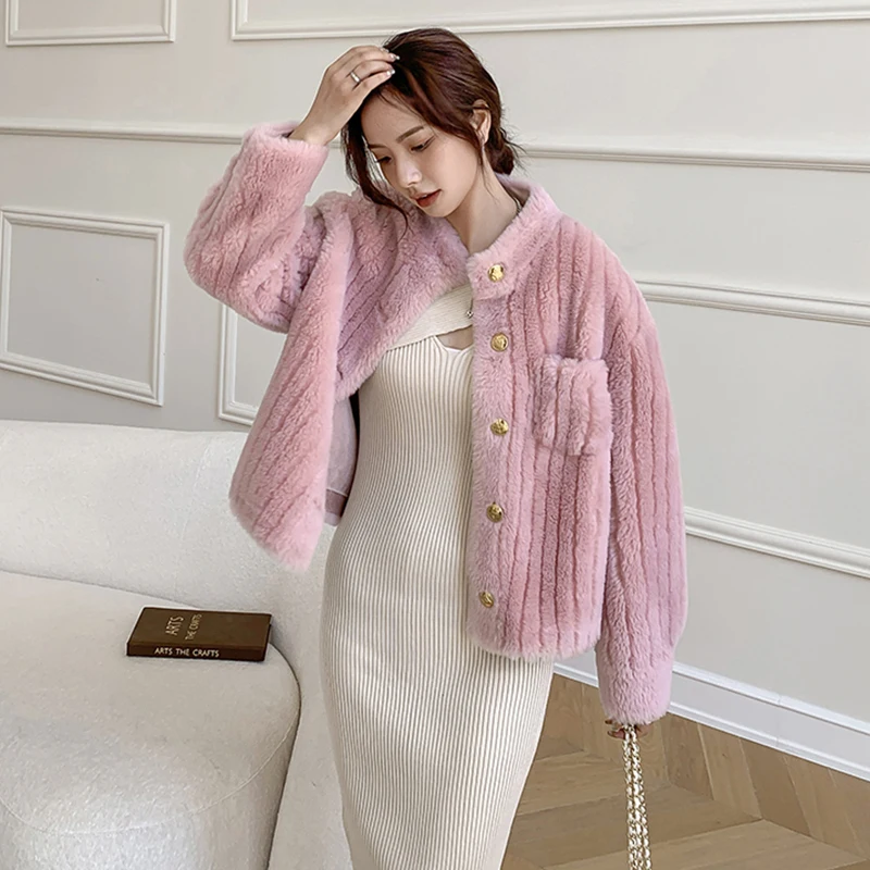 Women's Winter Sheepskin Coat Solid Casual Standing Collar Lamb Fur Single Breasted Bar Texture Real Fur Cropped Jacket Female