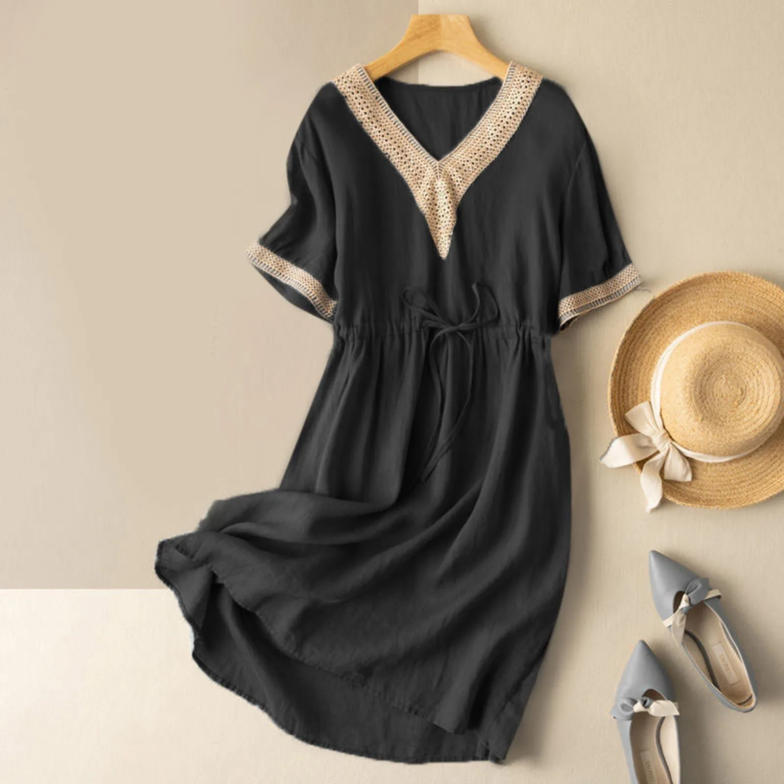 

Women's Fashion Loose Comfortable V Neck Short Sleeved Narrow Belt In The Business Casual Dresses Dresses for Women