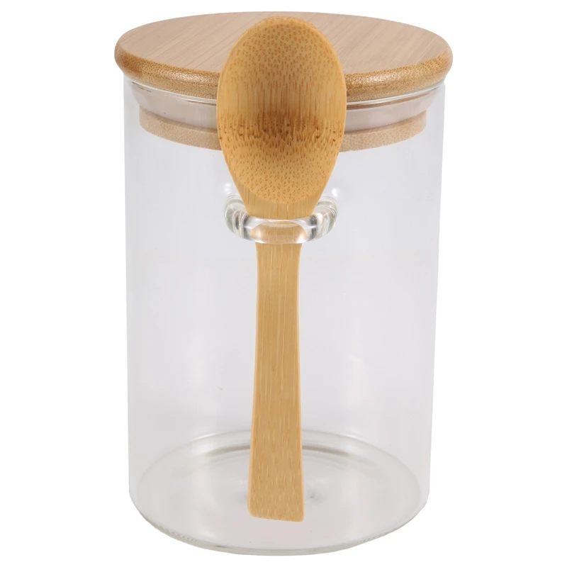 

Glass Food Airtight Canister Castor Wooden Twist Lid Kitchen Candy Storage Tank Jar Bamboo Food Container With Wooden Spoon