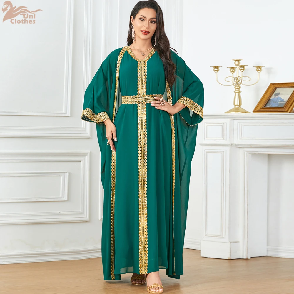 Мусульманская Мода из двух частей с блестками однотонная летняя абайя V-образным