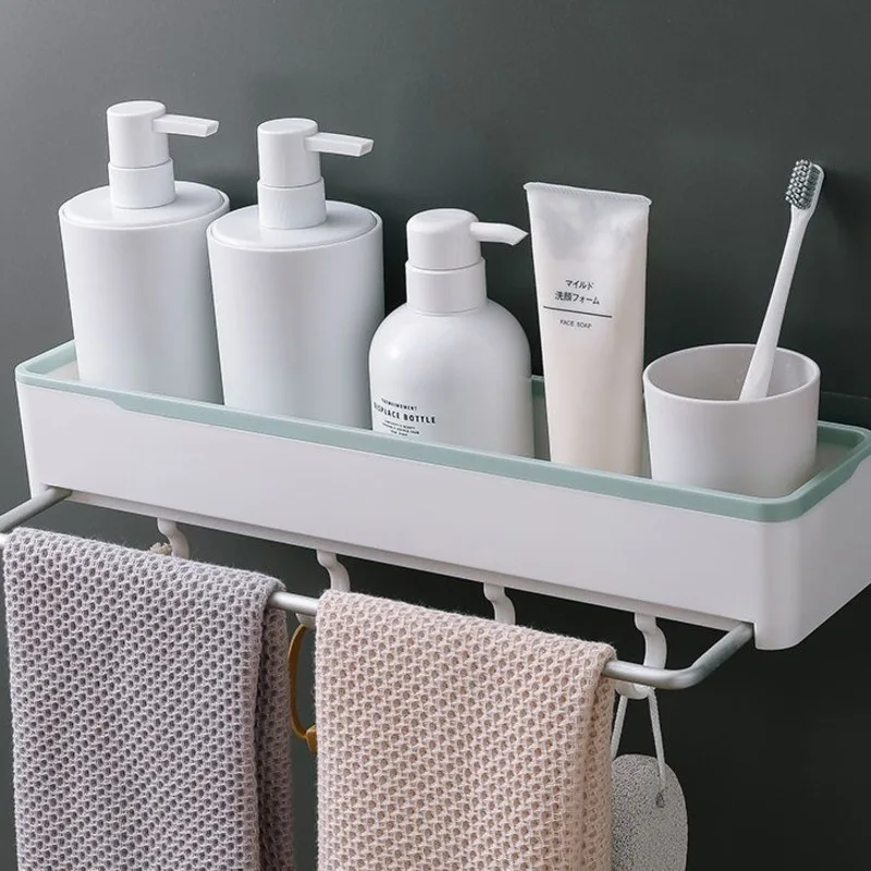 

Perforation-free Bathroom White Wall Mounted Shelf Toilet Sink Towel Storage Container Hanging Rack Restroom Organizer Racks