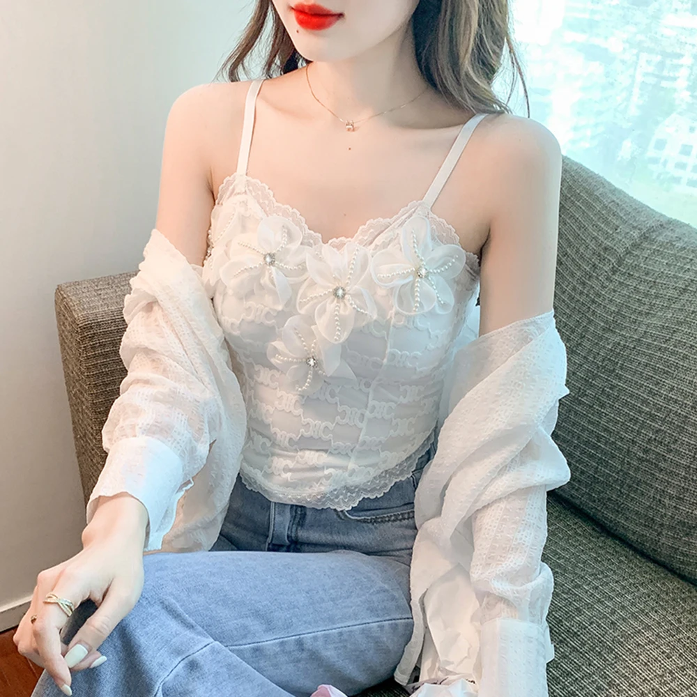 

2022 Summer Elegant Corset Top Lace Floral bead Y2k Crop Tops Female Outwear Casual Vest Design Sexy Slim Blouse Korea Fashion