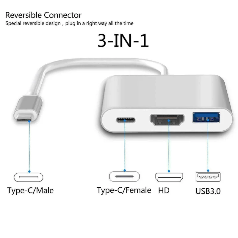 

Type-C To Hdmi Converter Multifunctional 3In1 Multiport Adapter for Laptop Tablet Tv Usb 3.1 Type-C To Hdtv Usb3.0 Cable Adapter