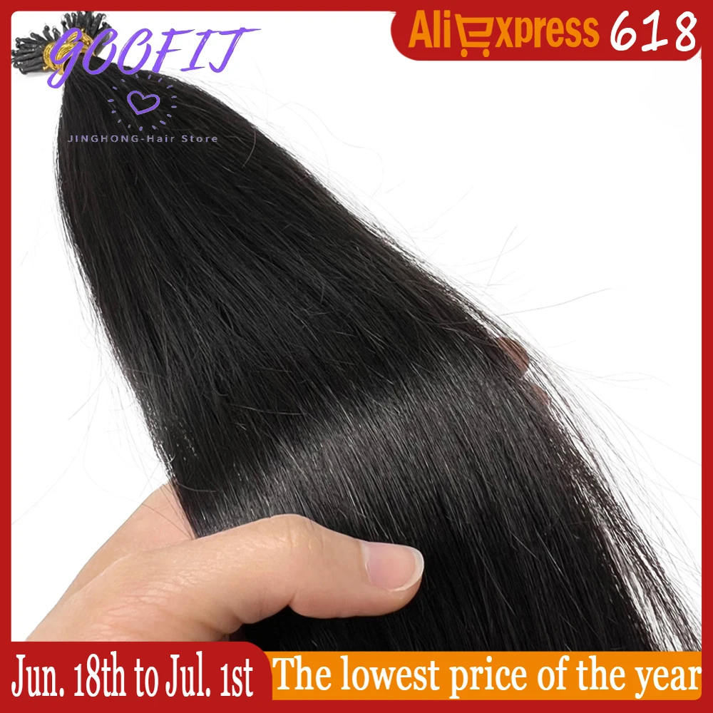 

GOOFIT Human Hair Extensions Tip Remy Nano Ring Micro Beads Double Drawn #1B Natural Black Real Hair Extensions 14"-24"