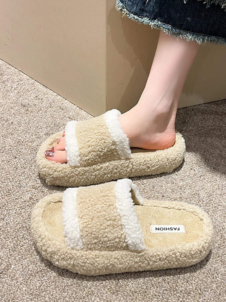 

Loafers Flat Shoes Female Med Slippers Casual Slides Fur Flip Flops Shallow Slipers Women Platform Luxury Plush 2023 Basic with