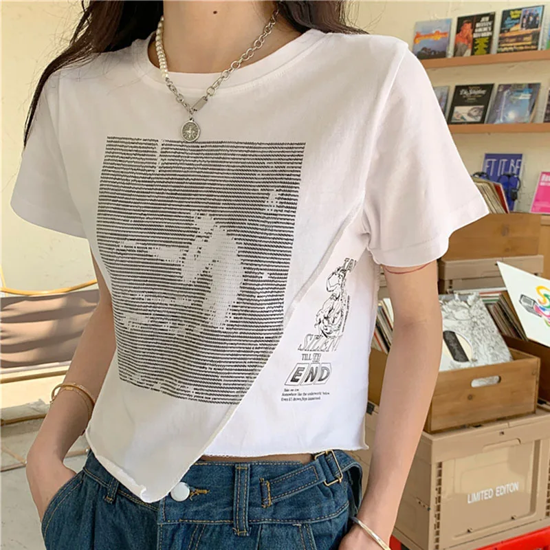 

Summer New Fashion T Shirts Women Y2K Short Sleeve Slim Thin Printing Cartoon Tops Female O Neck Asymmetrical Casual Tees Femme