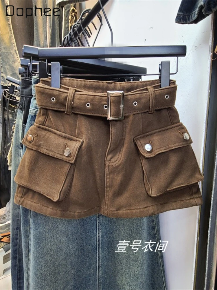 

Ladies Thick Coffee Three-Dimensional Workwear with Pocket Denim Skirt Shorts 2023 Winter New Warm Fleece Lined Padded Shorts