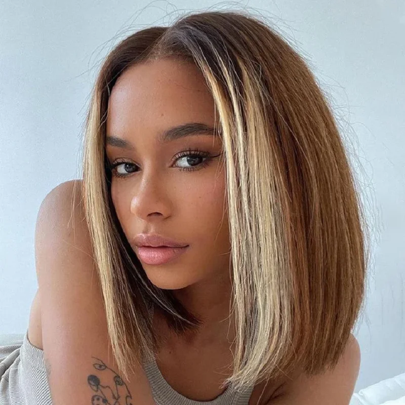 

Highlight Bob Wig Human Hair Wigs for Women Brazilian 13x1 T Part Honey Blonde Ombre Colored Bob Wig Straight Glueless Lace Wigs